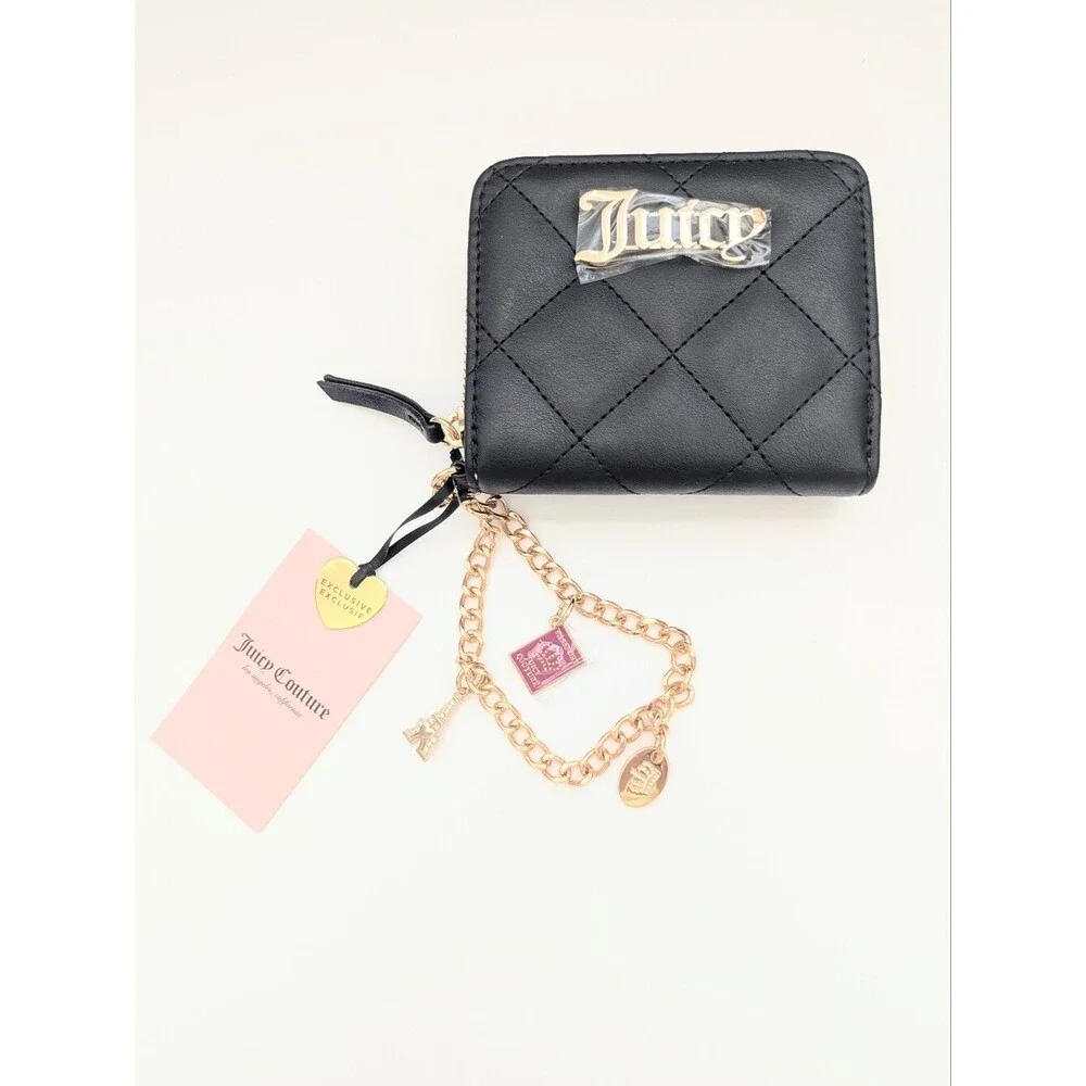 NWT Juicy Quilted Black Zip Wallet/Wristlet w/Gold Hardware, Chain & Charms